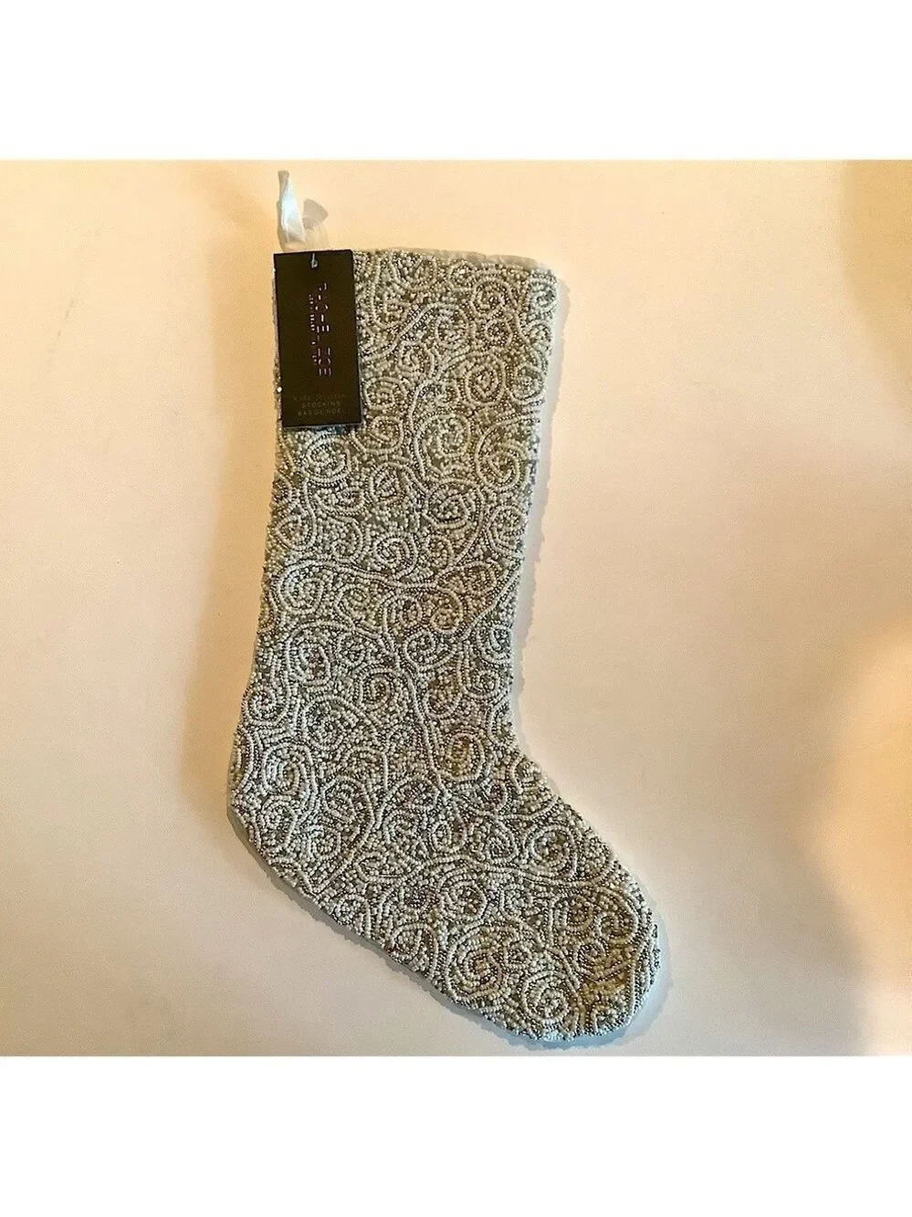 Rache Zoe Silver Champagne Beaded Ornate Lined Christmas Stocking New